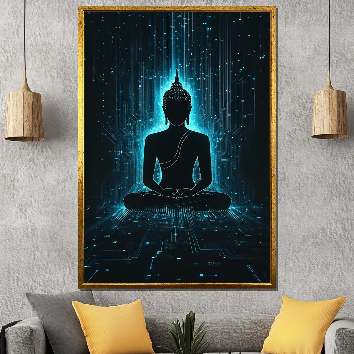 Futuristic Cyber Buddha Teal Circuit Glow Neon Abstract Art Poster