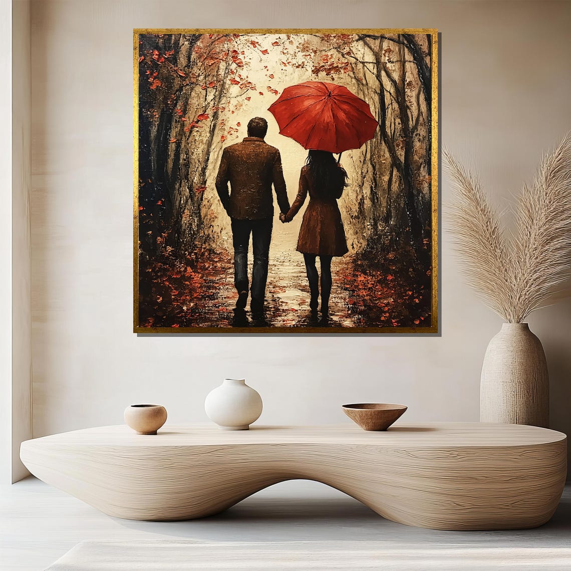 Couple Under Red Umbrella Autumn Forest Path Romantic Art Poster