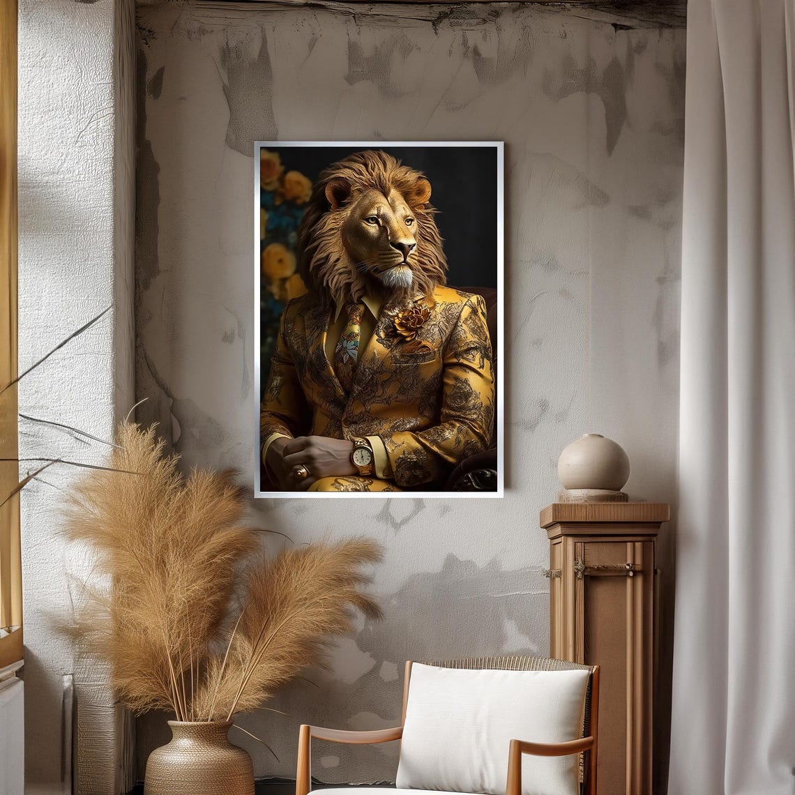 Regal Lion in a Gold Brocade Suit With Watch Portrait Poster - Image 3