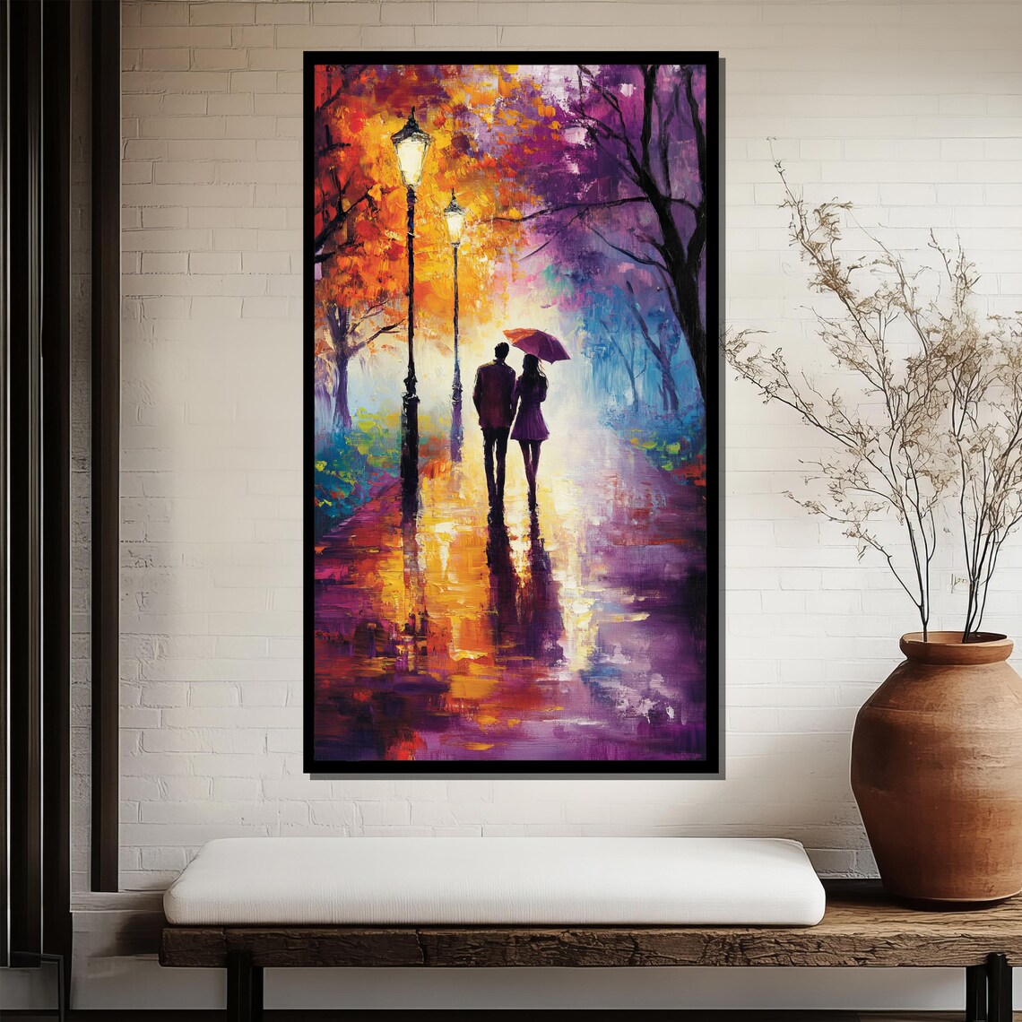 Couple With Purple Umbrella on Rainy Lamp Lit Street Art Poster - Image 3