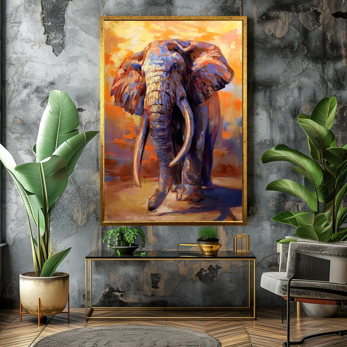 Elephant Bathed in Warm Sunset Hues Painting Poster For Living Room Decor - Image 4