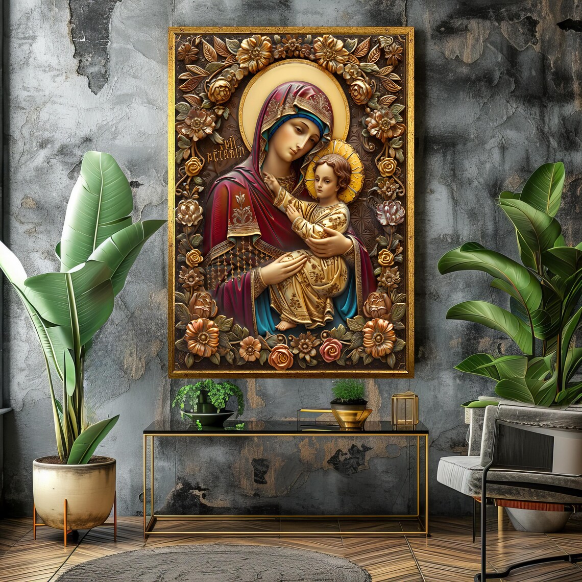 Ornate Virgin Mary and Child Byzantine Icon Painting Poster For Prayer Room - Image 4