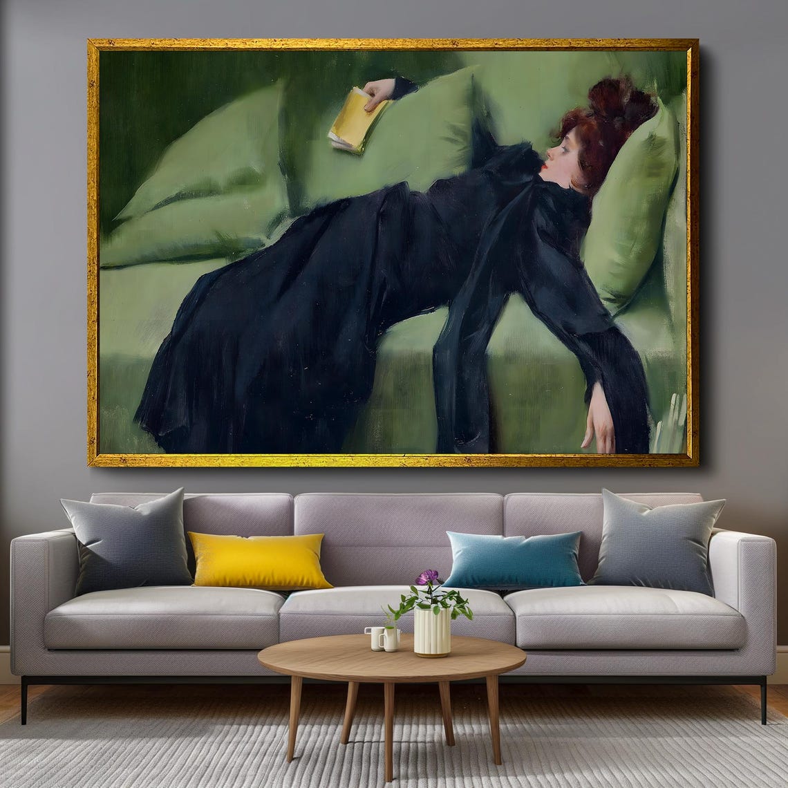 Woman Reclining On A Green Sofa Reading A Book Classic Painting Poster - Image 4