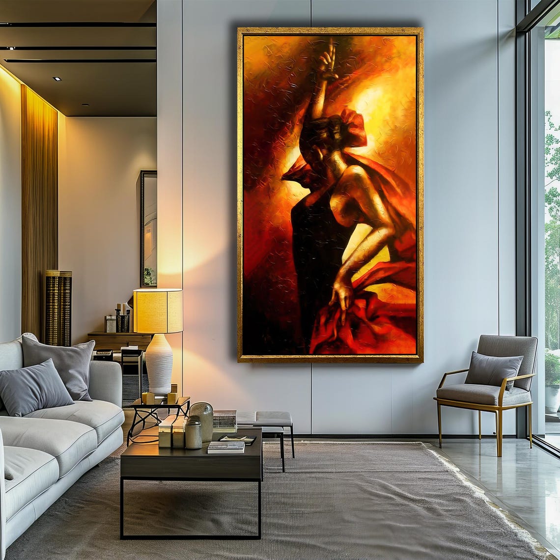 Fiery Passion Bold Flamenco Dancer In Intense Motion Striking Red And Gold Palette Expressive Dance Painting - Image 4