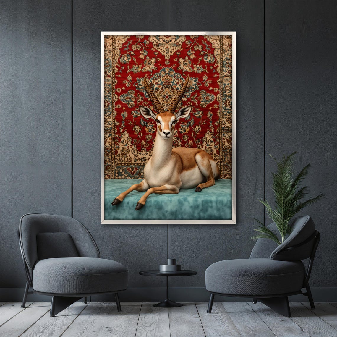 Gazelle Reclining Gracefully on a Teal Cushion with Red Rug Poster - Image 3