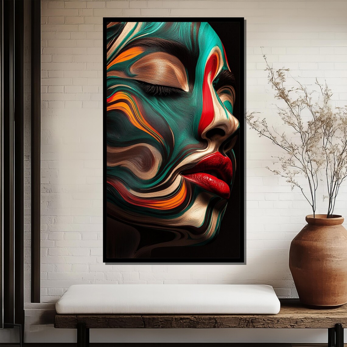 Abstract Woman Face in Marbled Swirls Teal Orange Modern Art Poster - Image 3
