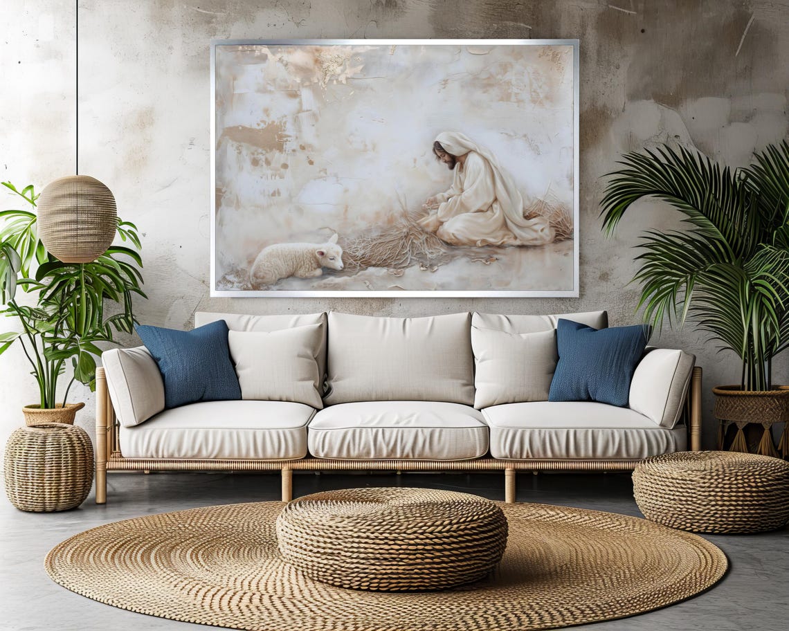 Peaceful Jesus Kneeling With A Lamb On A Soft Misty Shore Poster - Image 3