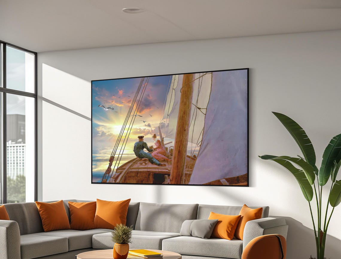 Sunset Sailboat Romance Couple Embracing on Open Sea Art Poster