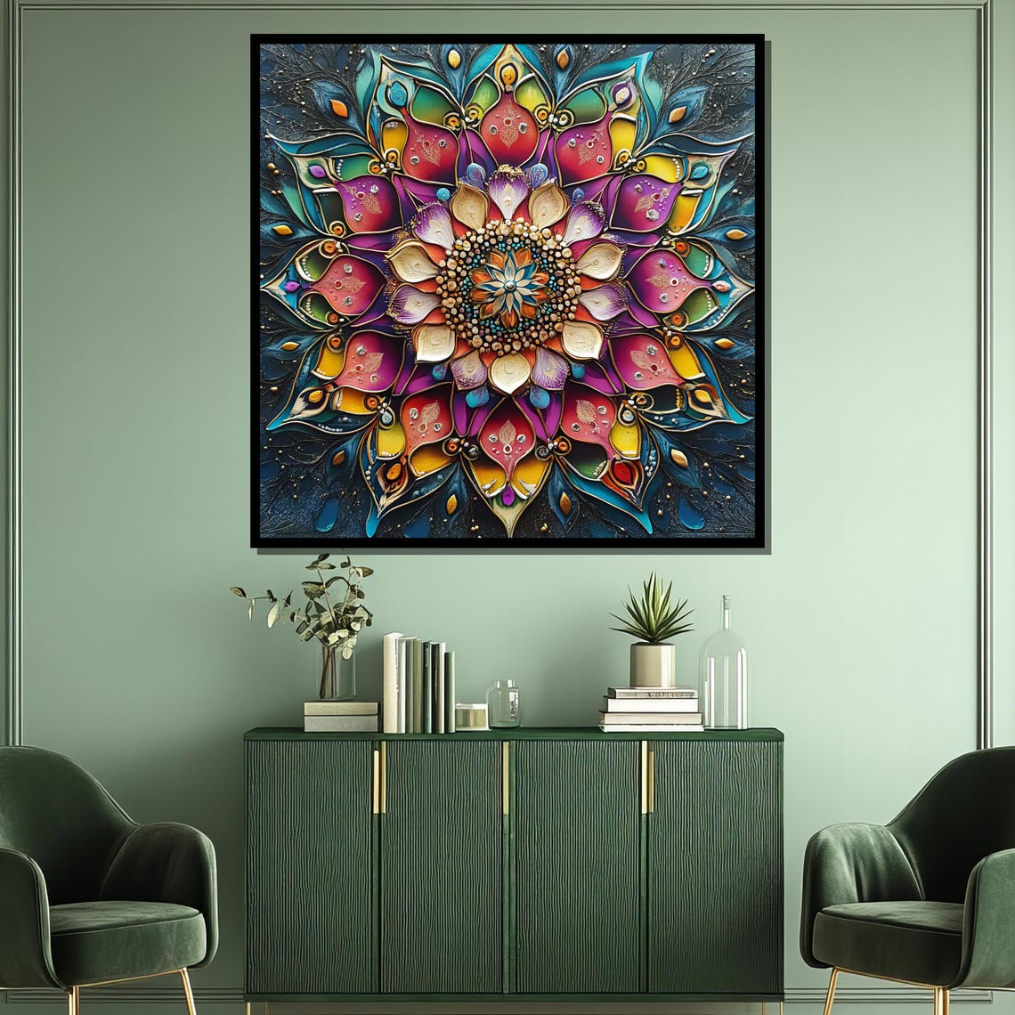 Vibrant Jewel Tone Floral Mandala Glowing on a Dark Night Poster - Image 3