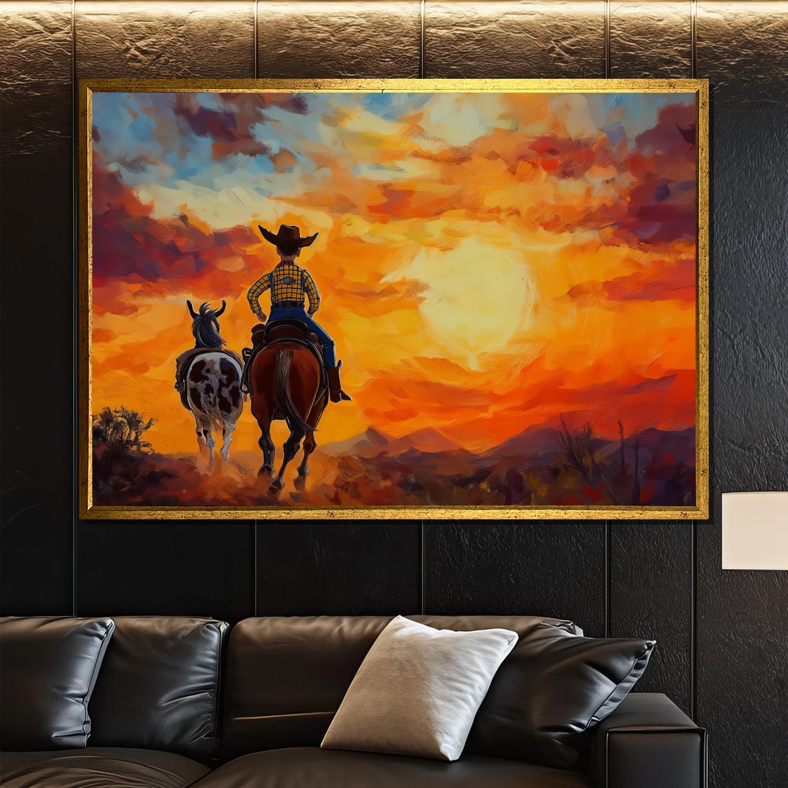 Cowboy on Horseback Riding Into Desert Sunset Western Art Poster