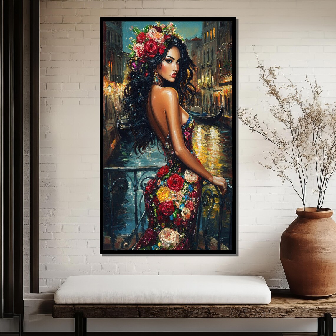 Venetian Beauty in Floral Gown on Canal Bridge at Night Poster - Image 3