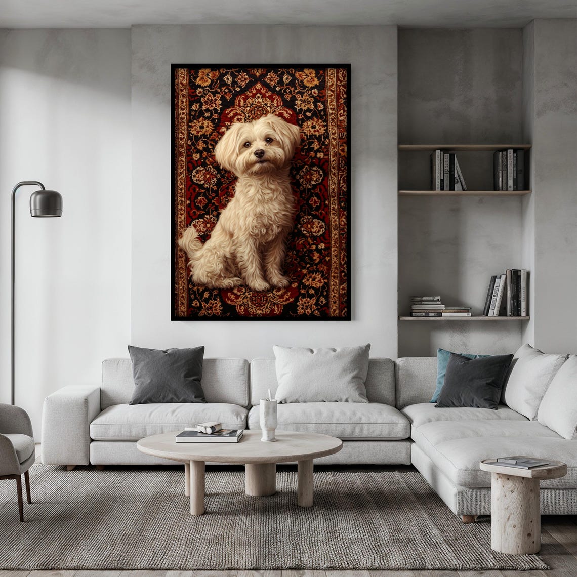 Fluffy White Dog Sitting Proudly on a Red Oriental Rug Poster - Image 2