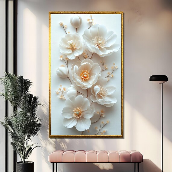 White Floral Painting Elegant Flower Wall Art Luxury Home Decor Modern Botanical Artwork Gift For Art And Nature Lovers
