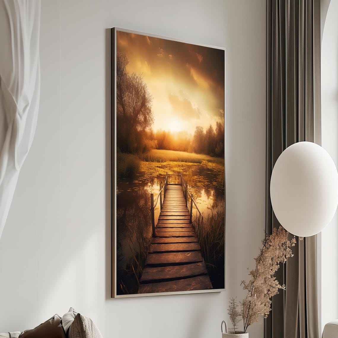 Sunset Serenity Wooden Footbridge Over Calm Golden Waters Poster