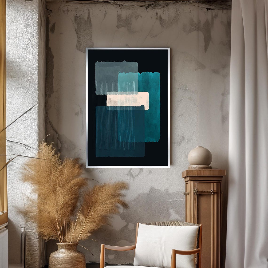 Teal Blue Grey Layered Blocks Abstract Modern Art Decor Poster - Image 3