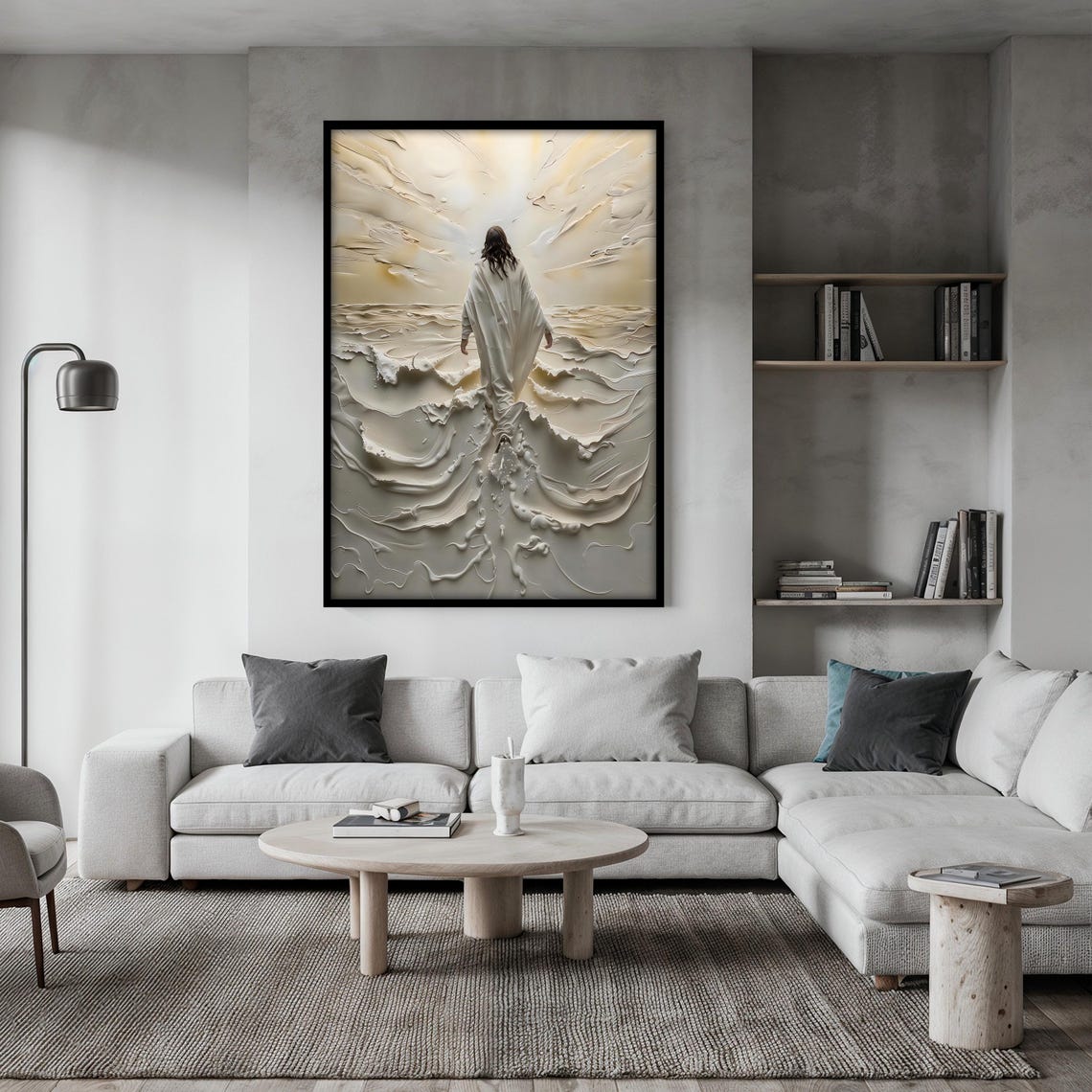 Jesus Walking on Water Across Gray Sculpted Textured Waves Poster - Image 2