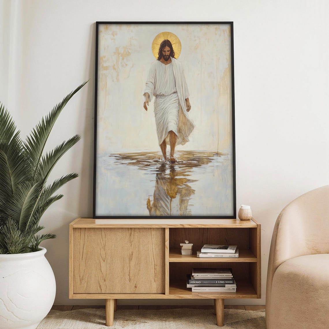 Jesus Walking Toward the Viewer on Water Beneath a Golden Halo Poster