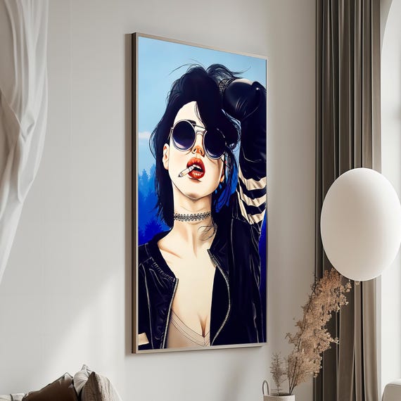 Bold Attitude Modern Portrait Of A Rebellious Woman In Sunglasses And Leather Jacket Edgy Painting Gift