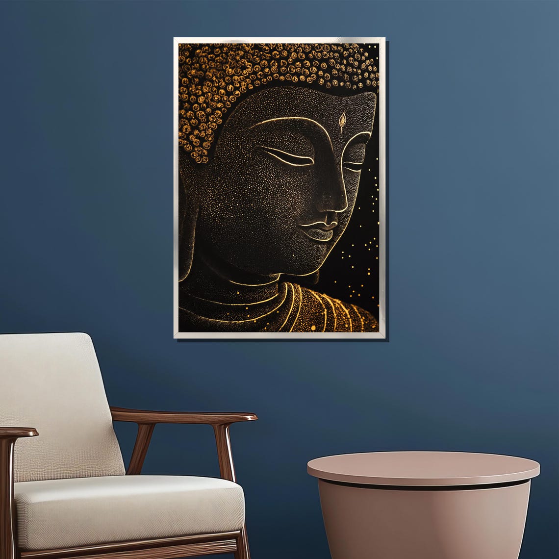 Golden Dotted Buddha Face On Black Luxe Spiritual Decor Poster - Image 2