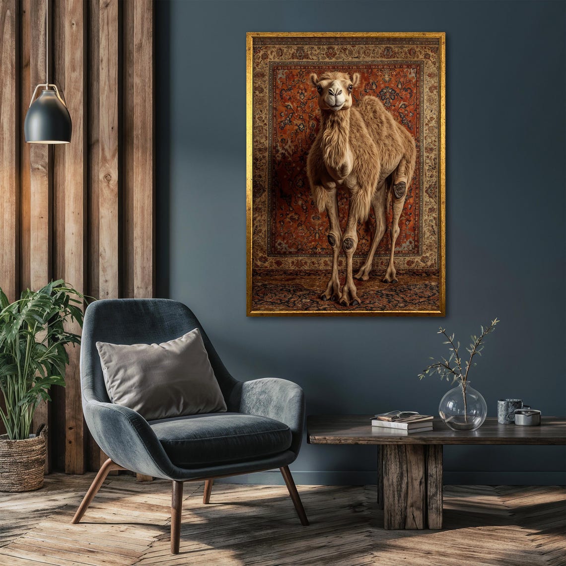 Camel Portrait Facing the Viewer Before an Orange Ornate Rug Poster - Image 4