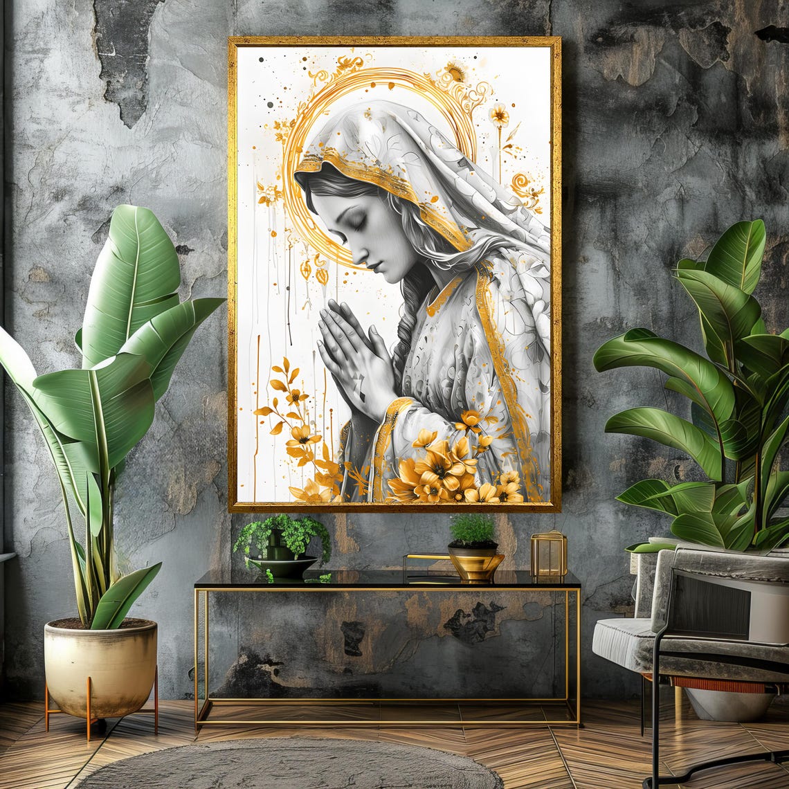Praying Virgin Mary With Golden Halo And Floral Accents Poster - Image 4