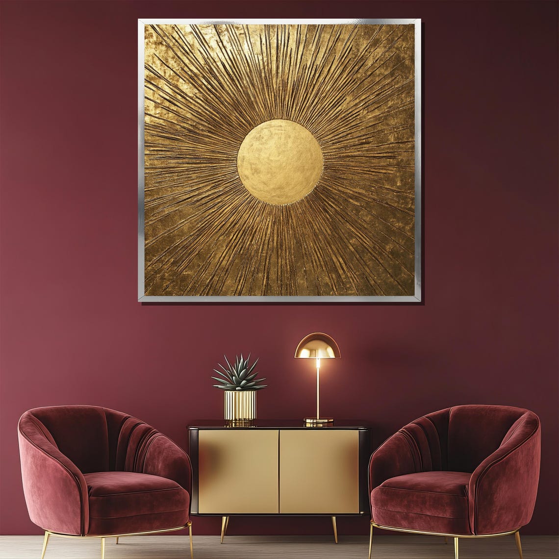 Golden Sunburst with Radiant Textured Rays on Rich Bronze Poster - Image 2