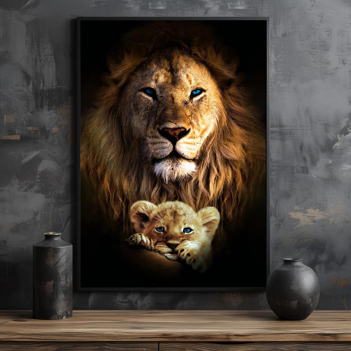 Protective Blue Eyed Lion Sheltering His Cub Portrait Poster - Image 2