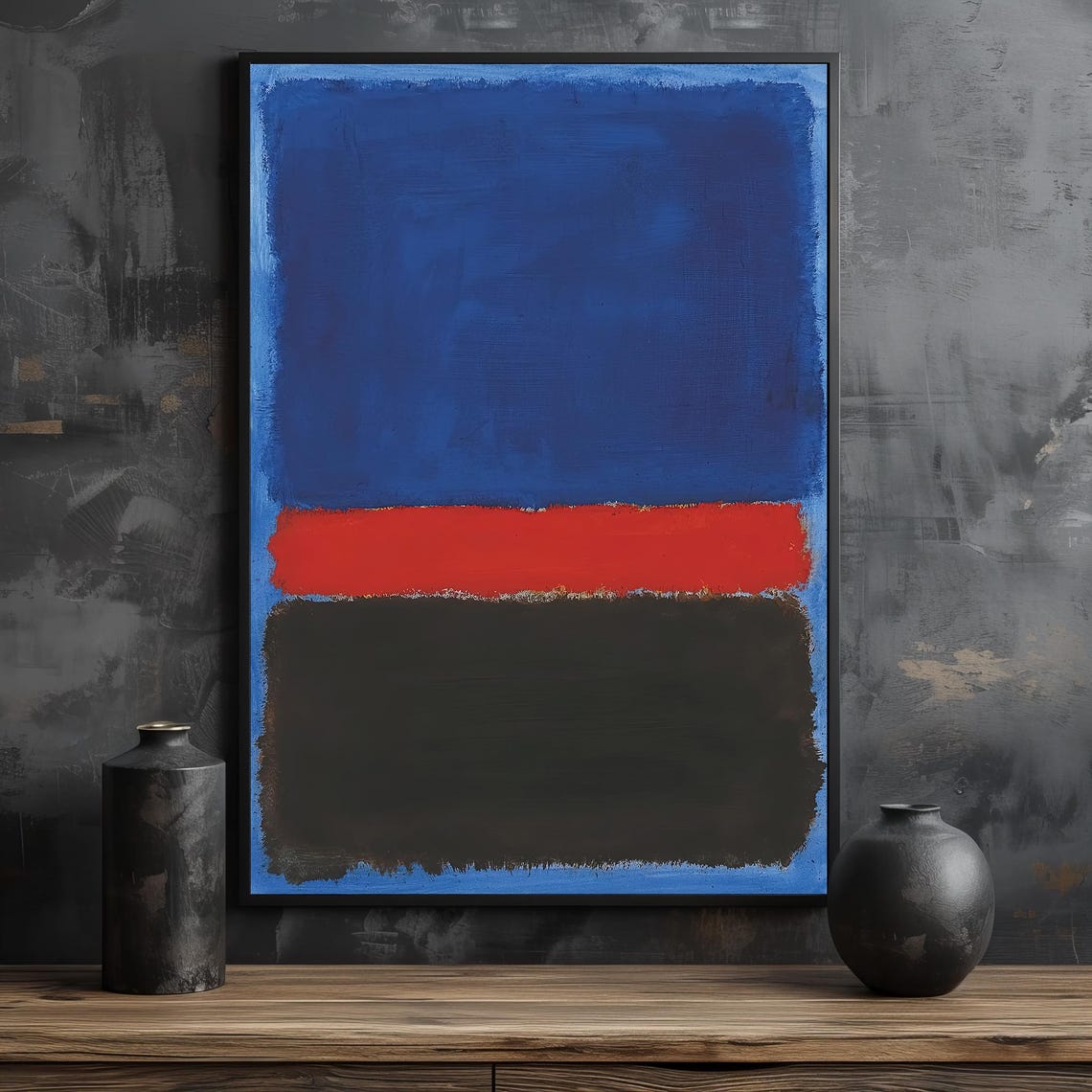Bold Blue Red Black Striking Abstract Color-Field Art Poster - Image 2