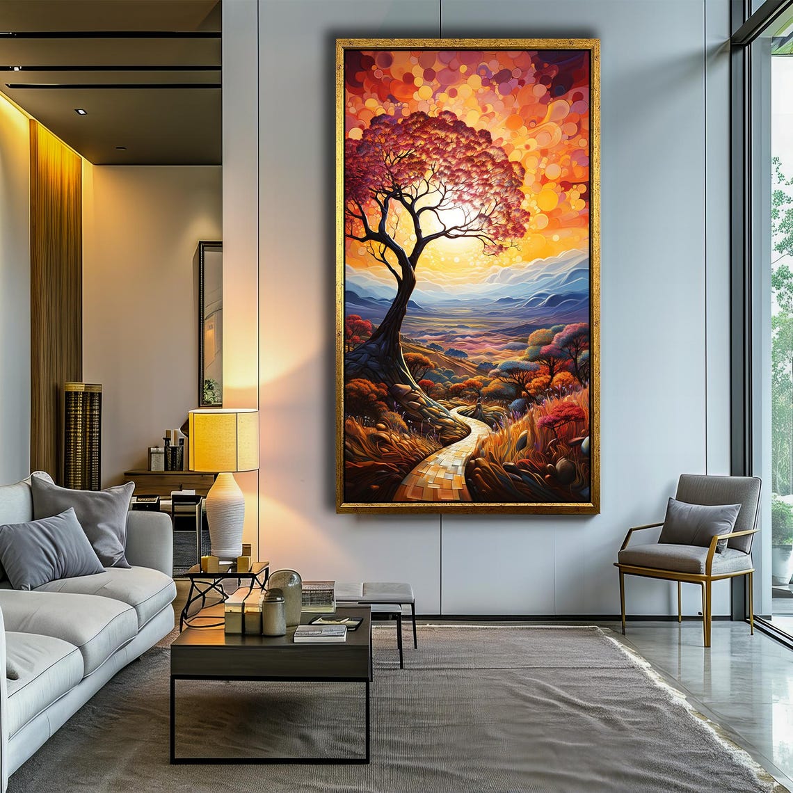 Golden Sunset Pathway Tree Landscape Vibrant Colors Art Poster - Image 4