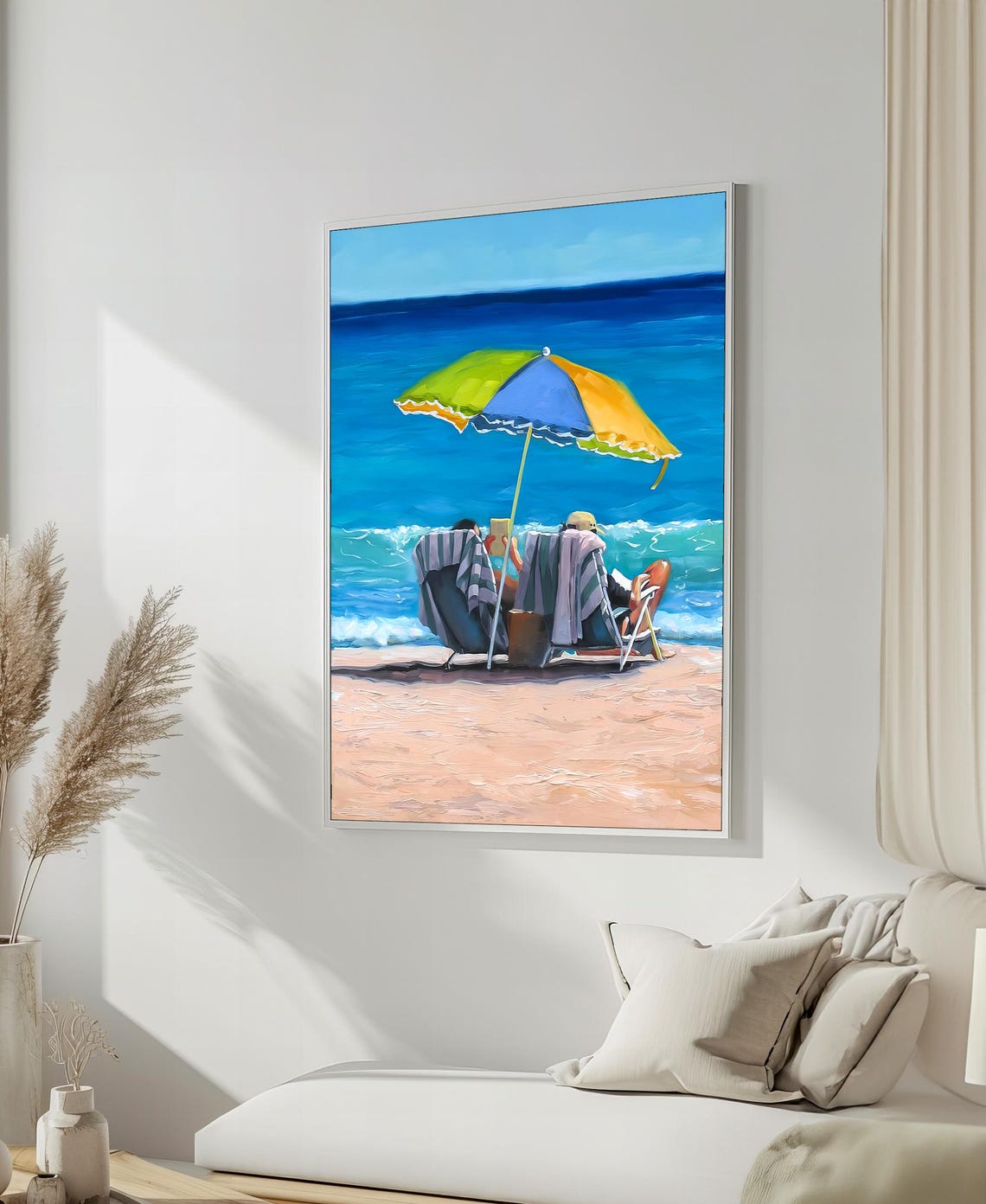 Relaxing Beach Day Couple Reading Under A Colorful Umbrella Poster