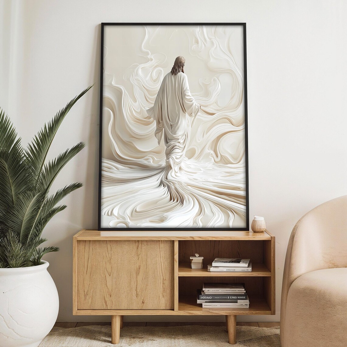Abstract Jesus Figure Dissolving into Swirling Divine White Light Poster