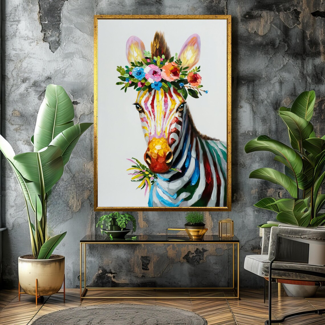 Colorful Zebra Wearing Floral Crown Whimsical Rainbow Animal Art Poster - Image 4