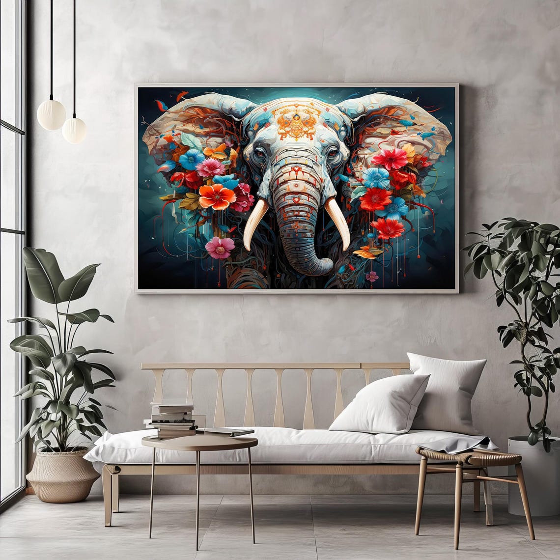 Colorful Elephant Head With Tropical Flowers Vibrant Art Poster - Image 2