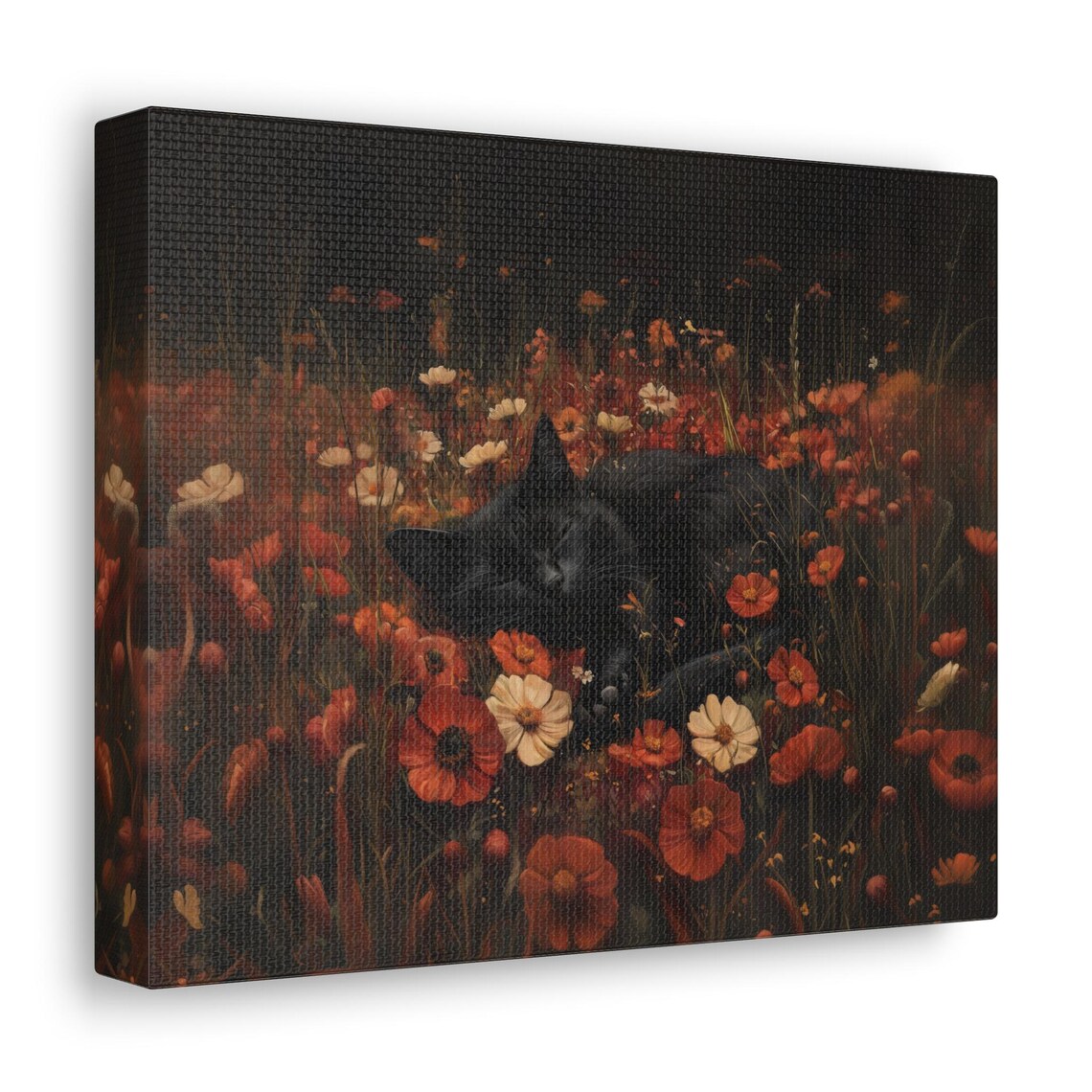 Black Cat Sleeping in Red Autumn Flowers Cozy Dark Floral Halloween Wall Art - Image 3