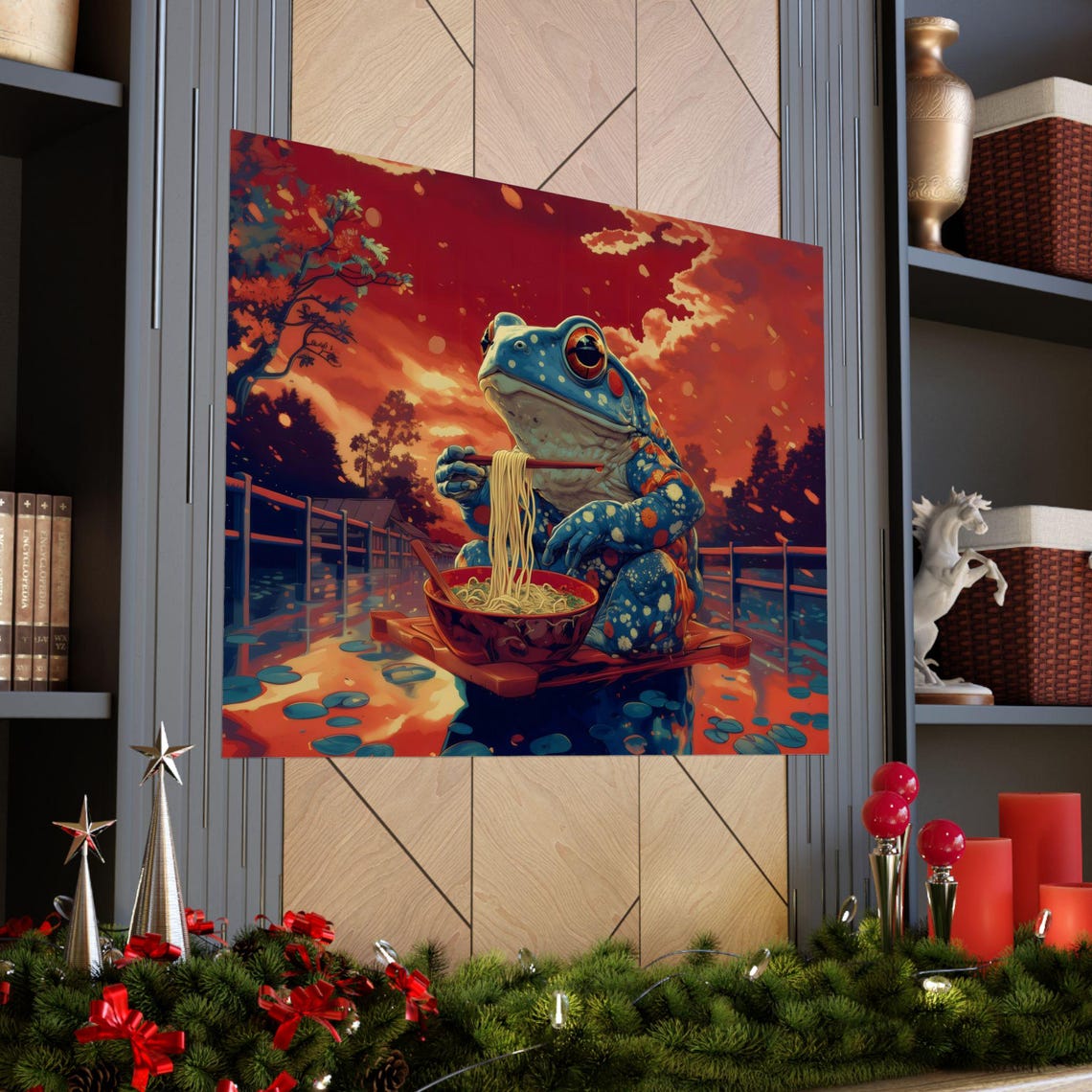Spotted Toad Eating Ramen Golden Sunset Pond Animal Art Print - Image 3