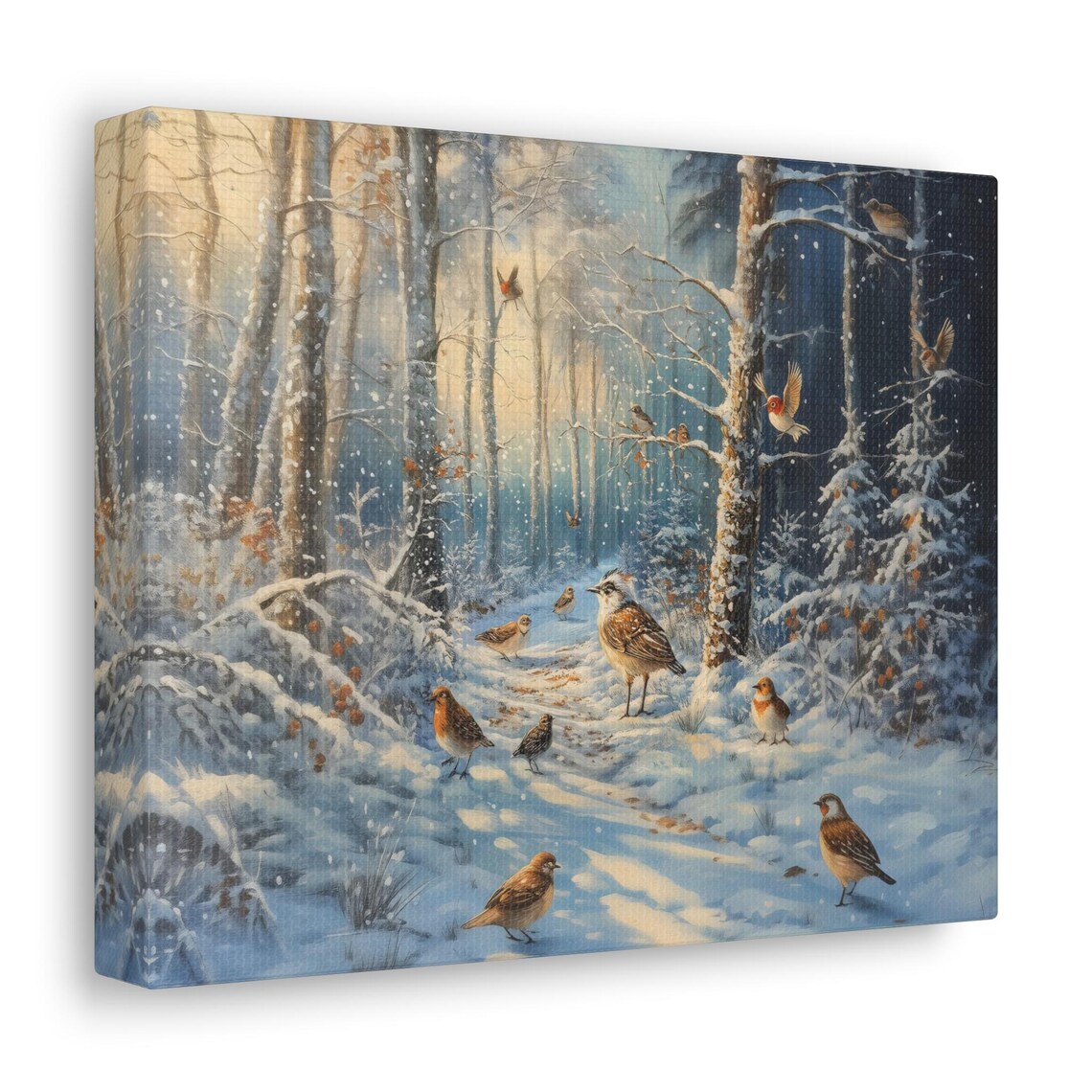 Winter Birds In Snowy Forest With Red Berries Morning Sunlight Bird Wall Art - Image 2