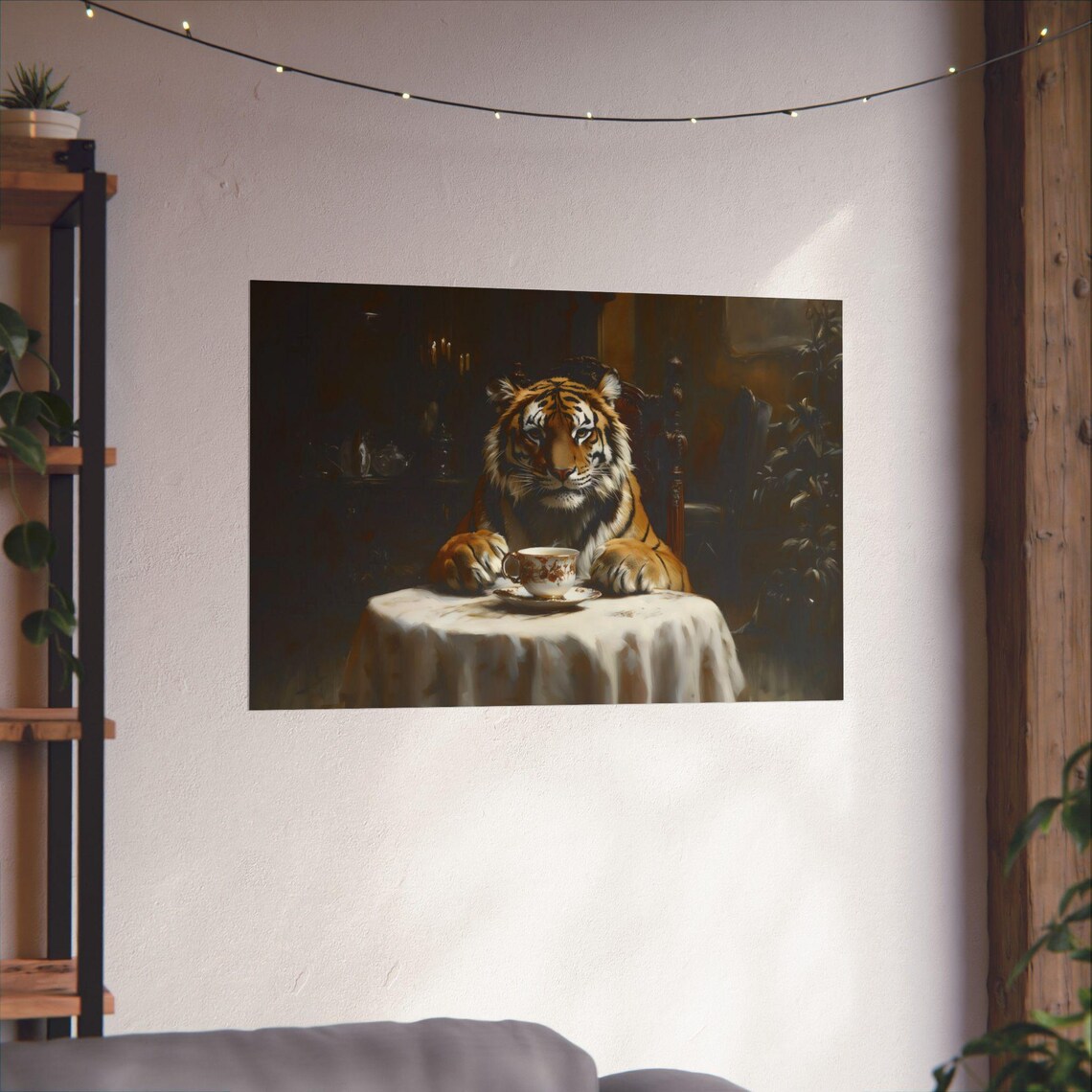 Tiger Drinking Tea Dark Victorian Table Oil Painting Animal Art Poster - Image 2