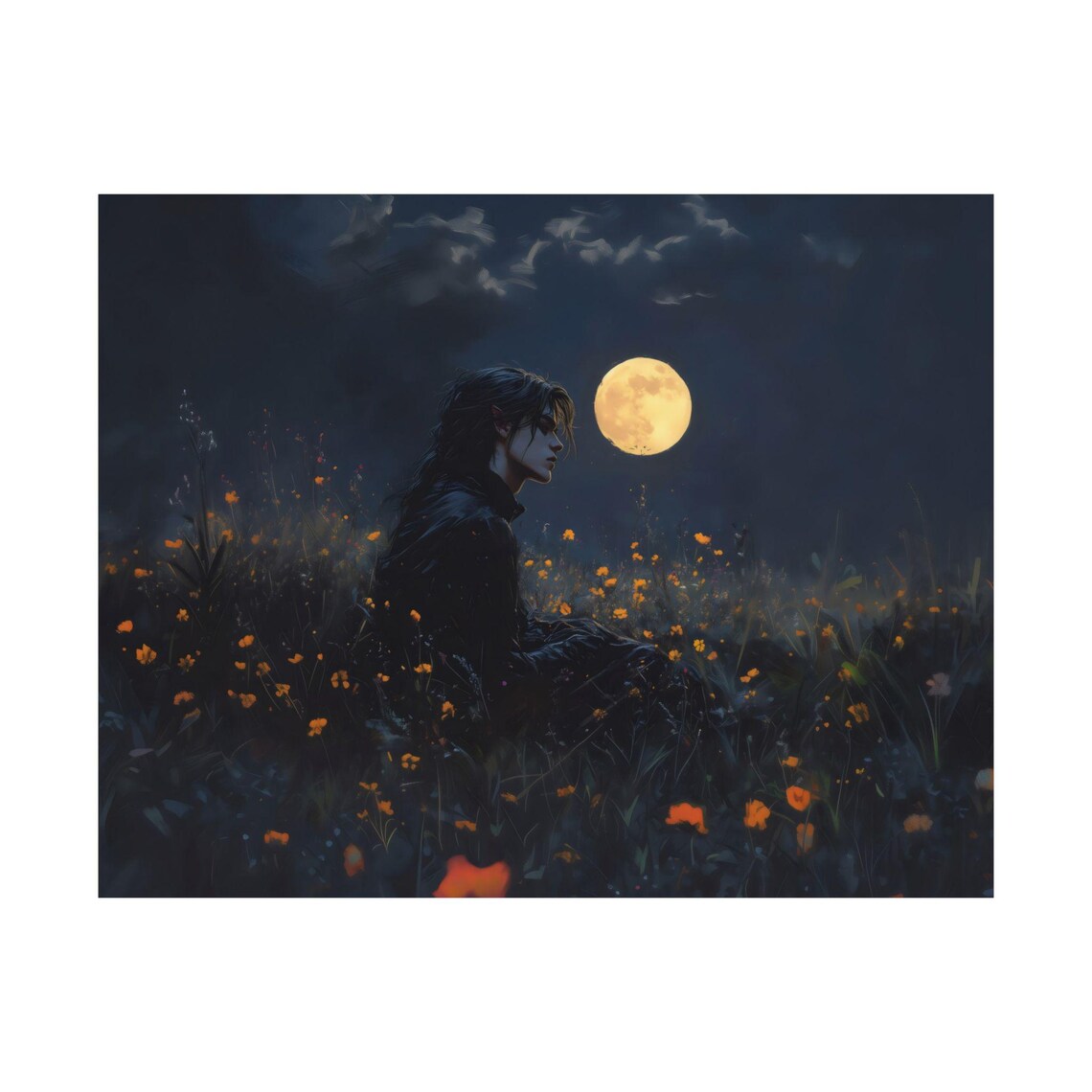 Lonely Gothic Figure in Moonlit Wildflowers Night Scene Fantasy Art Poster - Image 3