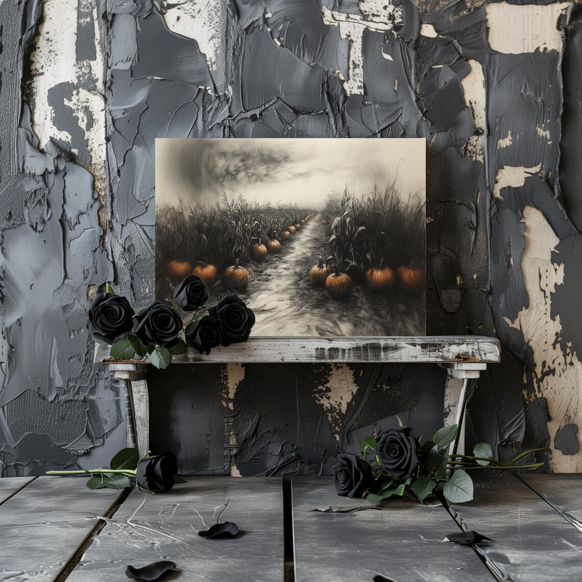 Moody Charcoal Pumpkin Field Path Dark Autumn Halloween Landscape Poster