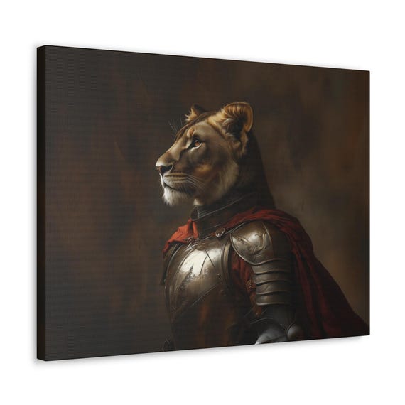 Maximalist Eclectic Medieval Lioness Knight Print Bold Altered Animal Portrait Fantasy Fun Colorful Renaissance Rustic Art