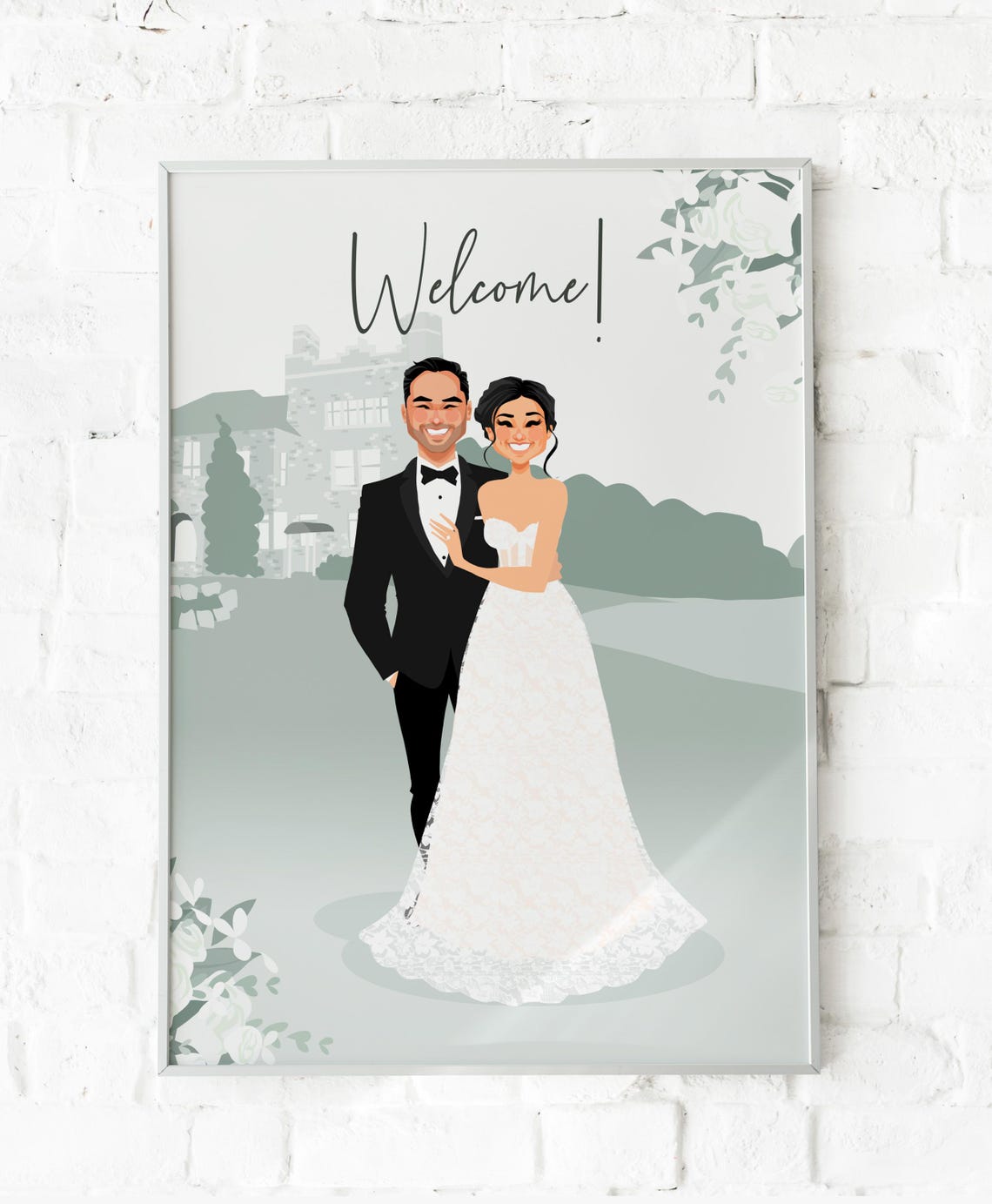 Custom German Wedding Welcome Sign Couple Portrait With Chateau Poster - Image 4