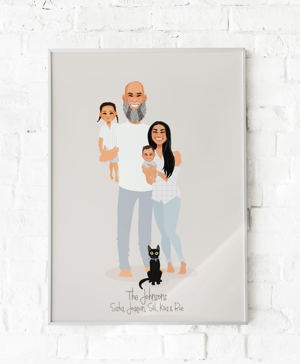 Custom Illustrated Family Portrait The Johnsons With Black Cat Poster