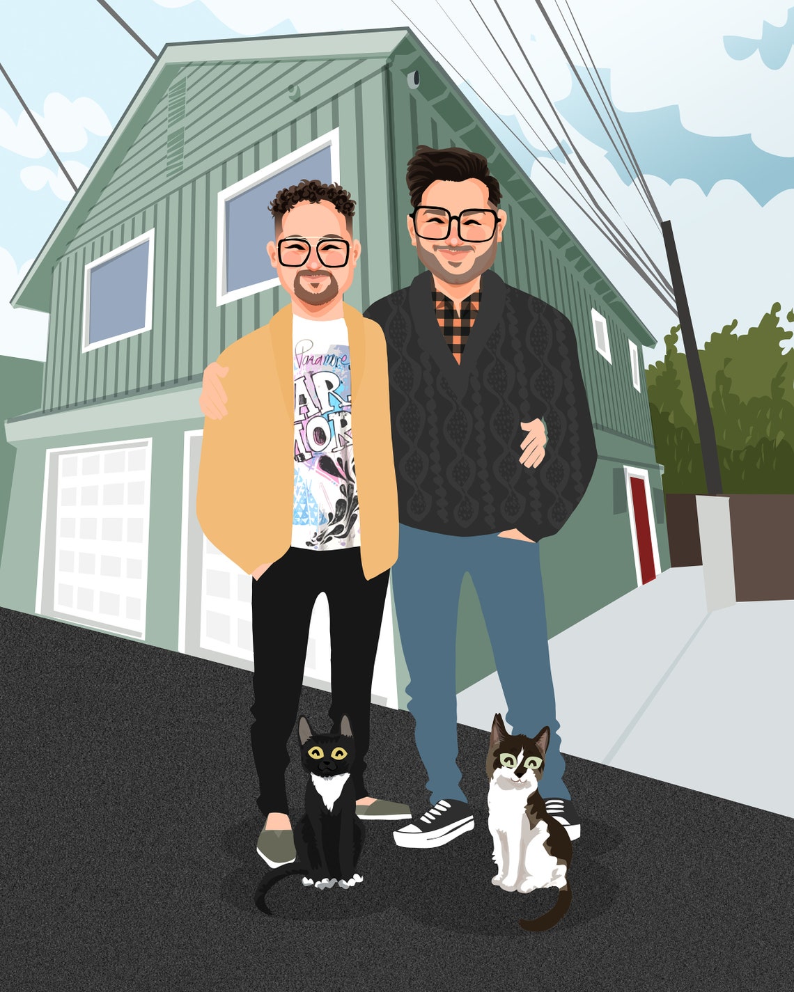 Custom Illustrated Portrait of a Couple in Front of Green House Poster - Image 6