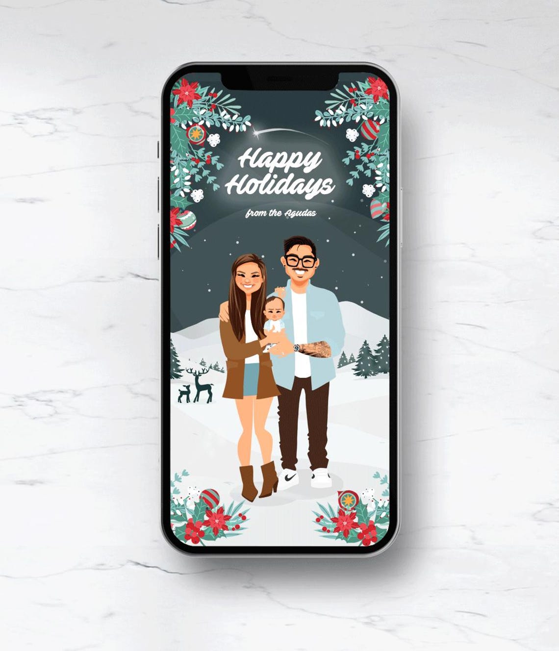 Custom Illustrated Christmas Card With Family Portrait Poster - Image 2