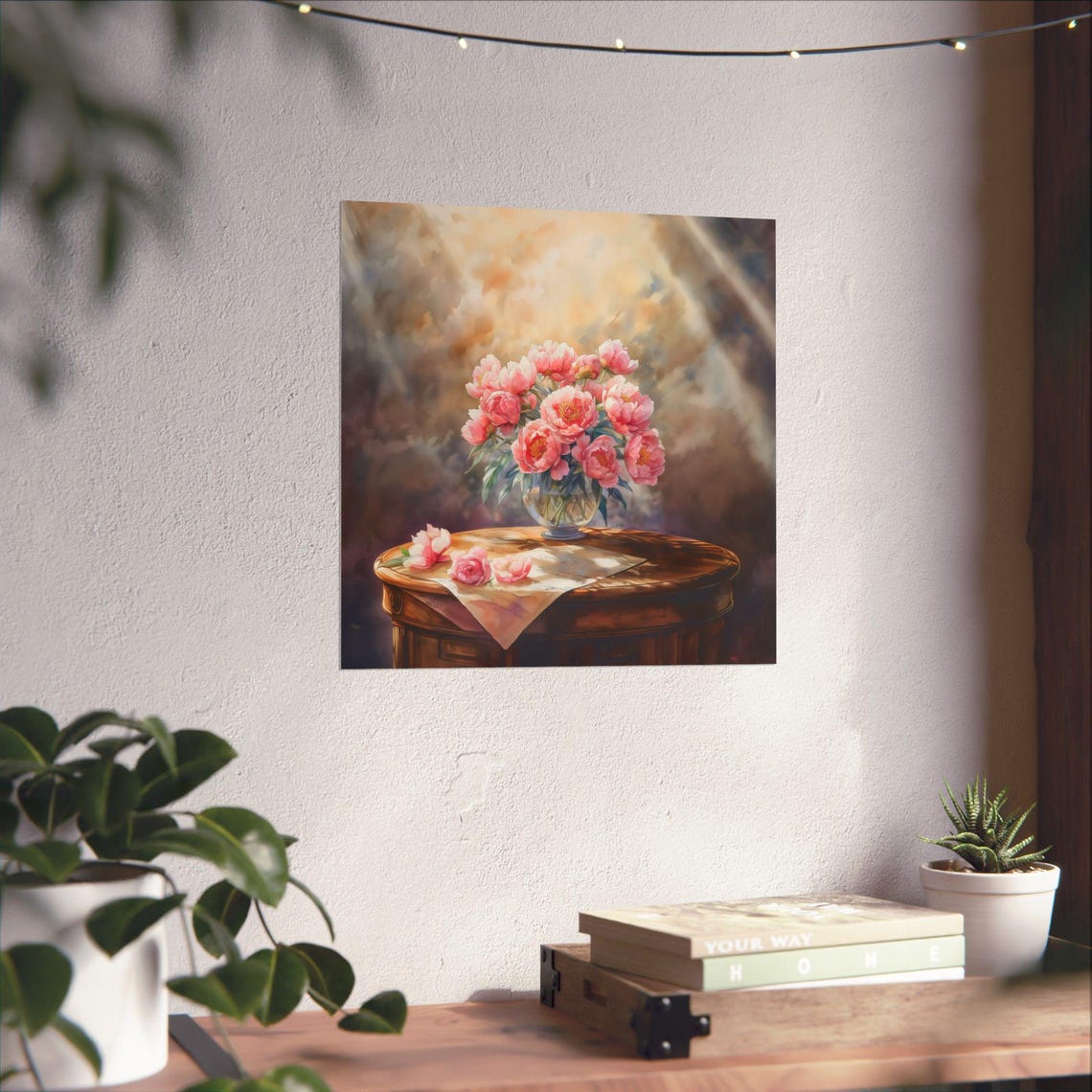 Lush Pink Peonies in Clear Vase Soft Spring Watercolor Art Poster - Image 3