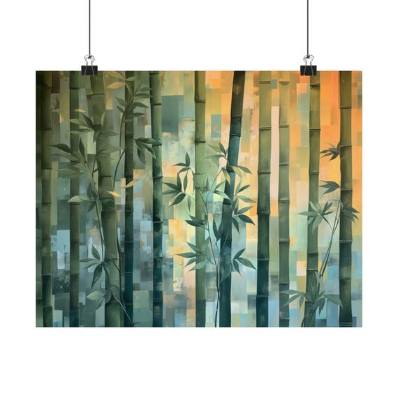 Geometric Bamboo Stalks Poster Print Landscape Modern Painting Outdoor Nature Grove Wall Print Airbnb Art Wall Decor