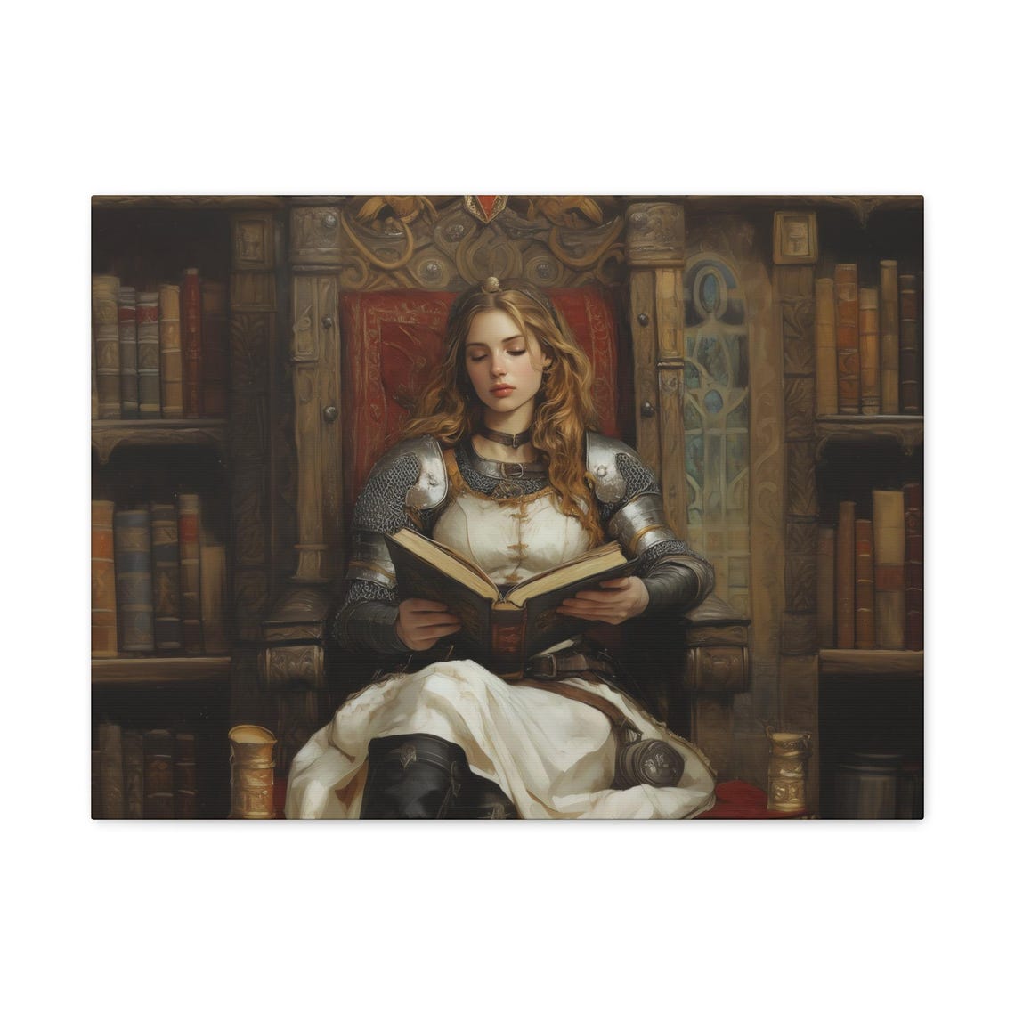 Female Knight Reading Book In A Grand Library Dark Academia Poster - Image 2