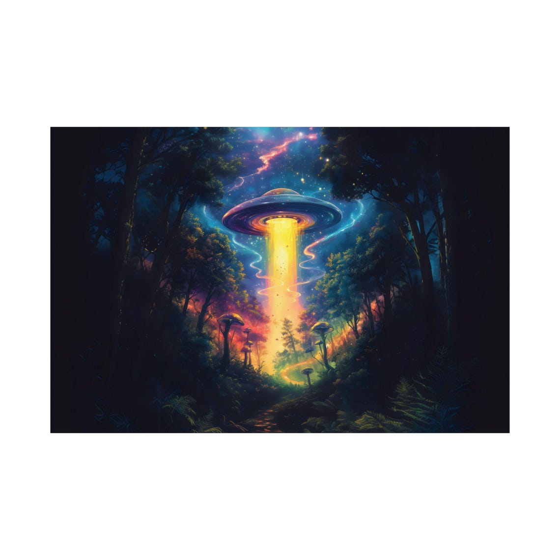 UFO Golden Light Column Over Mushroom Forest Night Sky Poster - Image 3