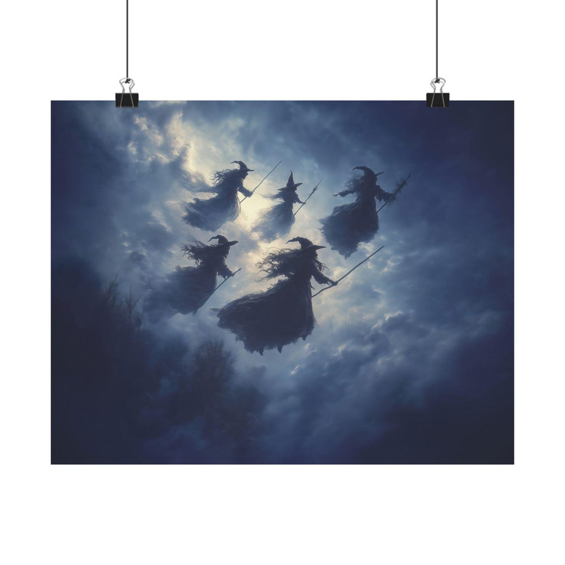 Witches Flying on Broomsticks Under Moonlit Cloudy Sky Poster