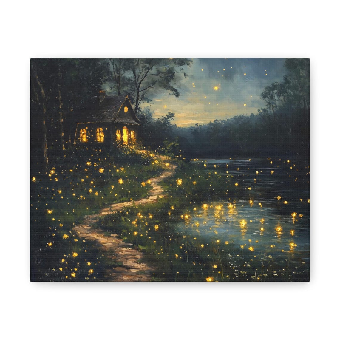 Fireflies Dancing at the Cabin Lakeside Night Landscape Art Print - Image 3